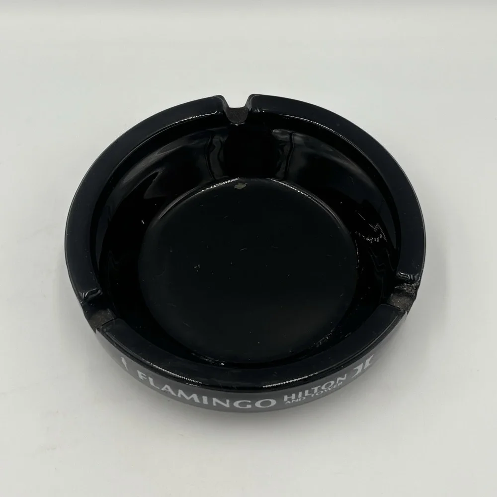 Flamingo Hilton and Tower Cigarette‎ Cigar Ashtray Las Vegas Casino Black Glass